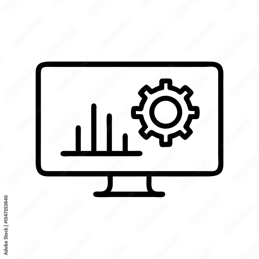 Poster minimal line art monitor icon with gear and bar chart for data settings