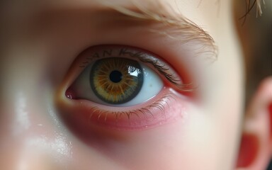 Fototapeta premium Cutting and pain in the eye of a little boy, pus in the eye. Bacterial and viral infection, conjunctivitis, close-up. High quality