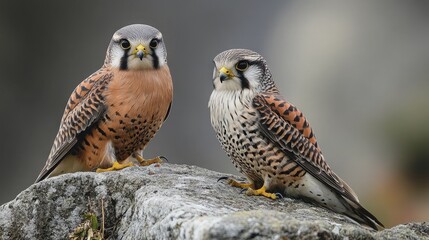 Male and female Kestrels perched together on an old wall.
