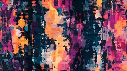 Fototapeta premium Abstract painting with vibrant, textured strokes in shades of orange, pink, and blue on a dark background.