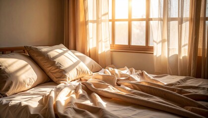 Sunlight Streaming Through Curtains Highlights the Peaceful Bedroom in Early Morning Light