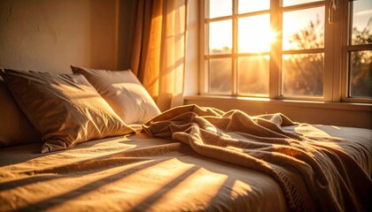 Warm Sunlight Fills a Cozy Bedroom With Golden Hues at Sunrise Showcasing Soft Bedding and Tranquil Ambiance
