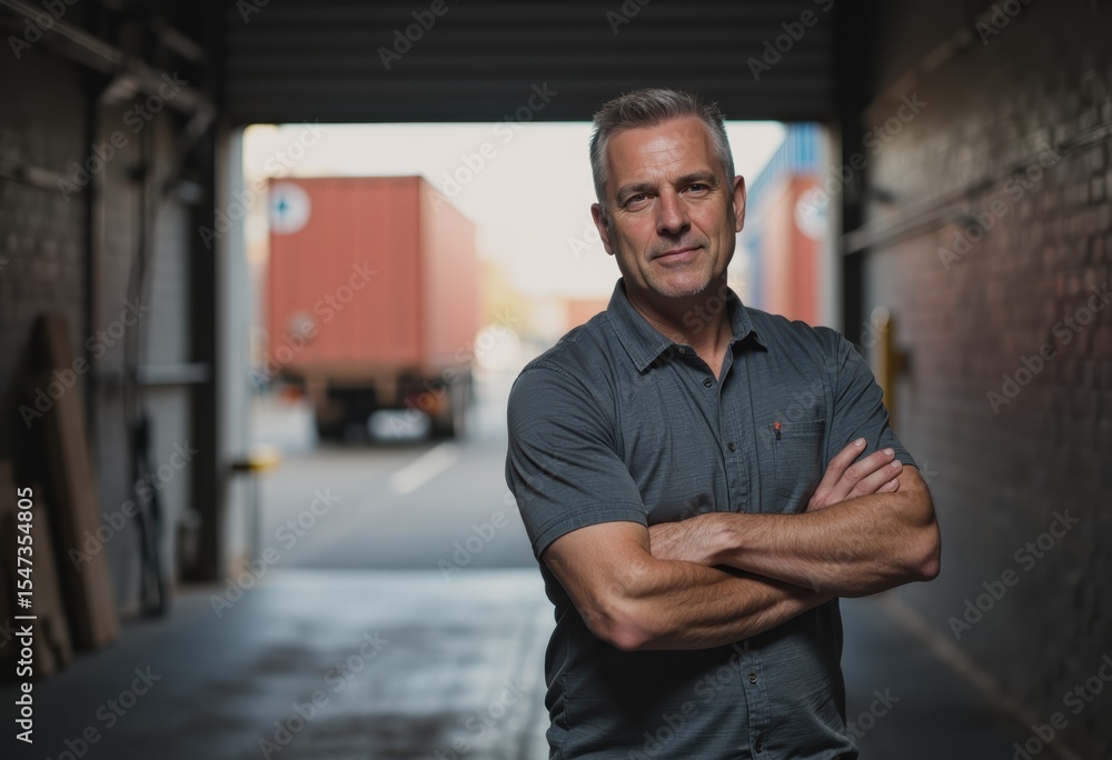 Poster confident man with a tablet in a loading dock environment
