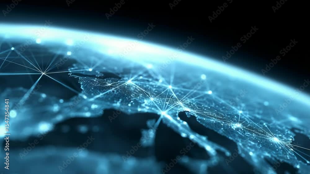 Poster exploration of interconnected network mapping over earth highlighting data connections and modern te