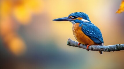 Male Kingfisher on a branch with a blurred background.