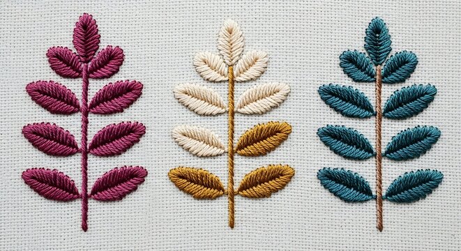 Three embroidered floral sprigs in teal, burgundy, and gold on beige fabric; a modern needlepoint design featuring stylized leaves and stems.