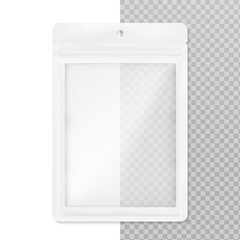 Transparent sachet bag with euro slot, ziplock and tear notch mockup. Hyper realistic vector illustration isolated on white and transparent backgrounds. Ready for use in your design. EPS10.