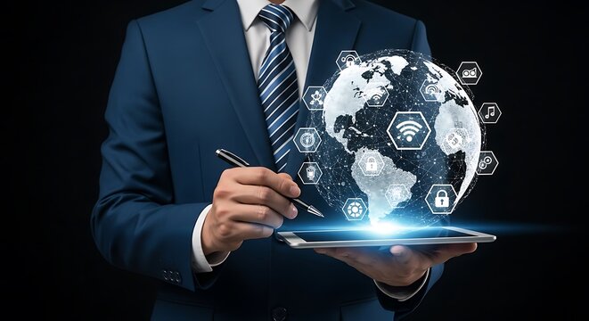 Businessman using tablet displaying global network connection, showcasing digital security and worldwide connectivity, illustrating modern technology and data integration.