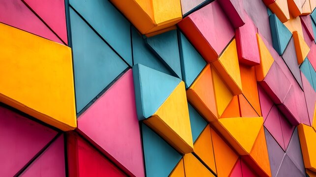 Photograph of geometric, colorful block design features vibrant pink, yellow, and teal shapes in a three-dimensional...