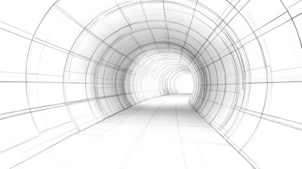 Obraz premium 3D render of a minimalist white tunnel with repeating grid lines creating a sense of depth and infinite space.
