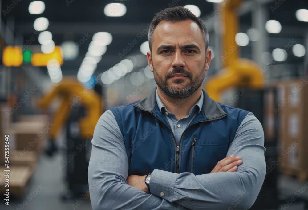 Poster supervisor overseeing automated palletizer in a modern warehouse