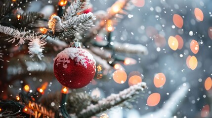 Festive Christmas tree branch adorned with a red ornament and snow, bathed in warm light and falling snow