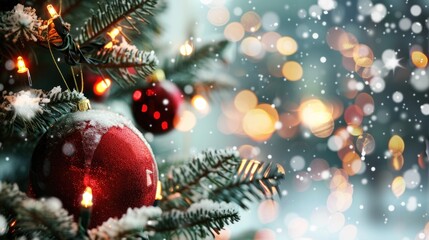 Christmas tree adorned with red ornaments, snow, and lights