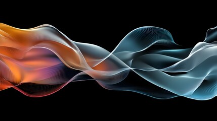 Digital illustration of flowing, layered waves in orange and teal, creating a dynamic abstract pattern.