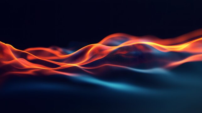 3D render of dynamic, pulsating waves in fiery orange and cool blue against a dark background.