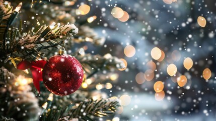Festive Christmas tree branch adorned with a red ornament, snow, and lights