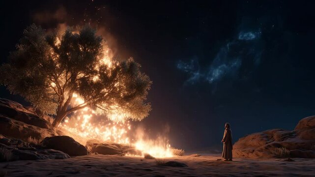 Photorealistic depiction of a burning bush and Moses, evoking a divine encounter. The scene captures a moment of awe and revelation, of Moses' calling in Exodus 3.