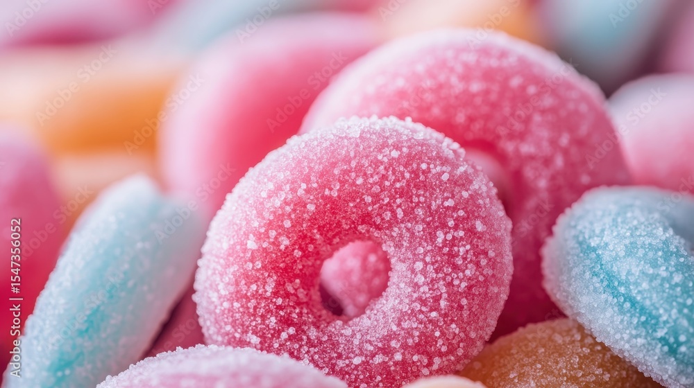 Poster this vibrant close-up image displays an array of sugary gummy candies in various colors and shapes, 