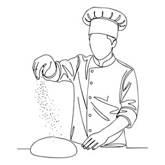 Vector line art of a chef in a tall hat sprinkling flour over dough, perfect for illustrating baking process or culinary themes.