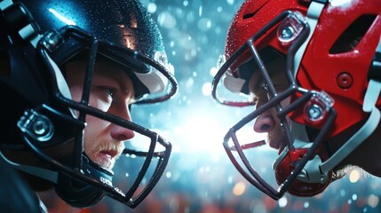 Fototapeta premium Two fierce football players face each other, both equipped with helmets, embodying strength and determination in a rainy and intense sporting match atmosphere.