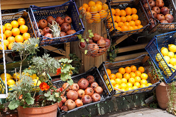 Fresh fruits fill vibrant street stand