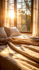 Beautiful Sunlit Bedroom With Cozy Bed and Soft Linens at Dawn by a Window