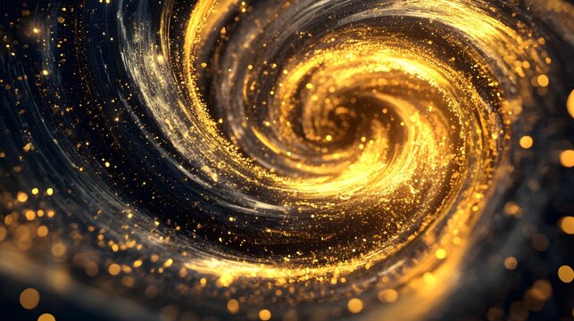3D render of a swirling vortex of golden particles against a dark backdrop.