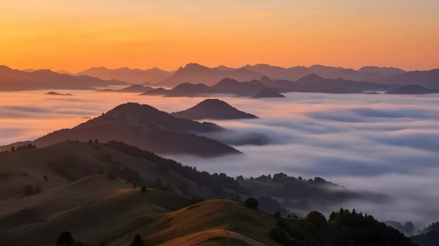 Sunrise over misty mountains