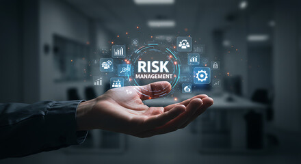 Hand Holding Risk Management Hologram with Business Icons.