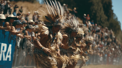 Men in Feathered Tribal Costumes Performing Energetic Dance During T'nalak Festival in Front of Engaged Crowd Celebrating Indigenous Roots