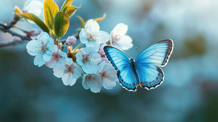 Blue butterfly perched on white cherry blossom branch, soft background, springtime, peaceful and delicate scene