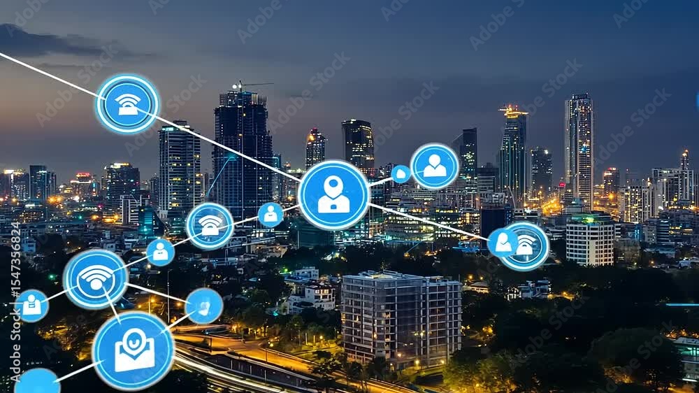 Poster urban skyline at dusk with digital connectivity icons illustrating networking and communication