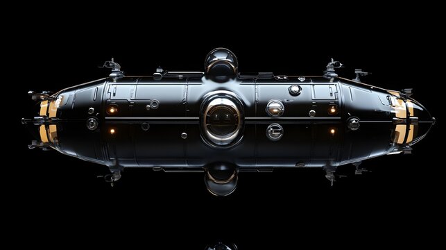 3D render of a sleek, black submarine-like spacecraft viewed from above.