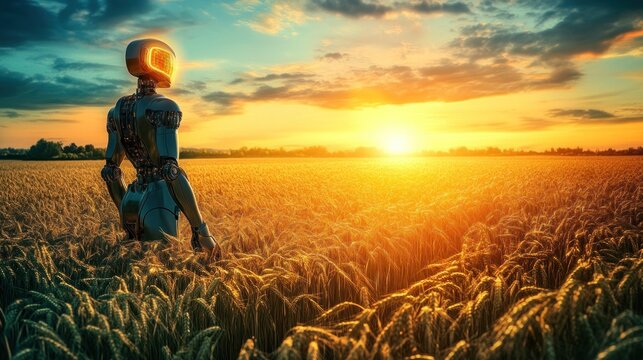 Futuristic robot in golden wheat field at sunset
