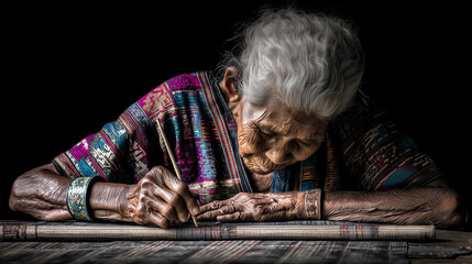 Elderly Woman Practicing T'nalak Weaving Art by Hand Using Traditional Methods to Preserve Indigenous Knowledge and Cultural Heritage