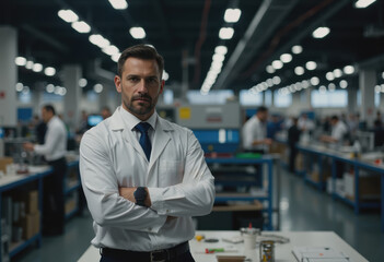 Quality inspector overseeing product quality at a manufacturing table