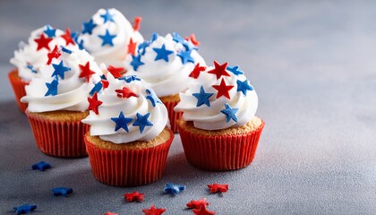 Fourth of July concept. Many cupcake with white cream with red and blue star shape sprinkles on gray table with copy space. Generated image