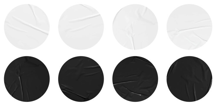 Set of vector black and white stickers mockup. Blank labels of different shapes, circle wrinkled paper emblems. Copy space. Stickers or patches for preview tags, labels