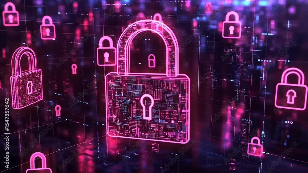 Poster digital security concept with glowing padlocks and circuit patterns, symbolizing data protection and