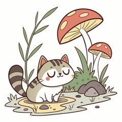 Vector illustration of a Sleepy Cat with splashing in puddles, styled in a Fairy forest theme using Whimsy Woods colors
