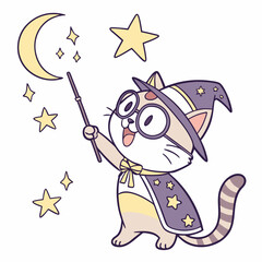 Vector illustration of a Excited Cat with wearing glasses, styled in a Starry night theme using Magical Night colors