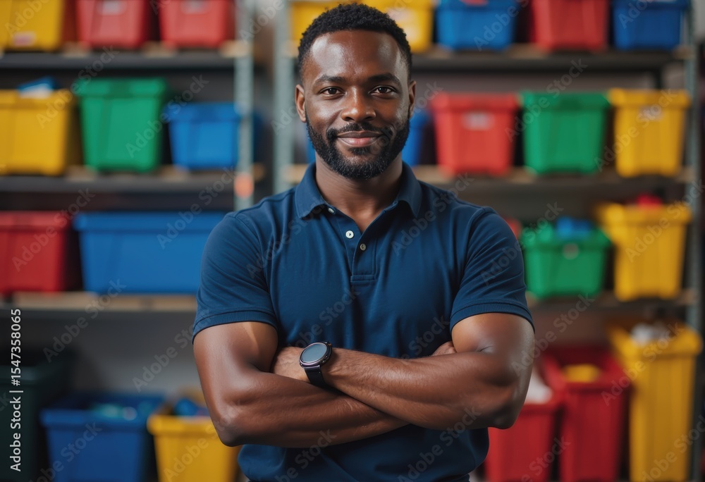 Poster warehouse leader standing confidently in front of colorful sorting bins