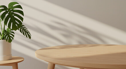 Minimalist Interior with Wooden Table and Monstera Plant Subtle Shadows and Natural Light Creating a Calming Atmosphere