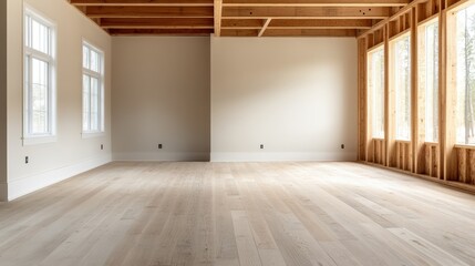 A spacious empty room with elegant wooden flooring and large windows allowing natural light, symbolizing potential and openness for creativity and design.