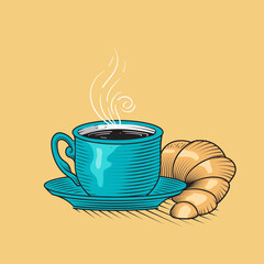 Coffee Cup and Croissant Hand Drawn Vintage Engraving