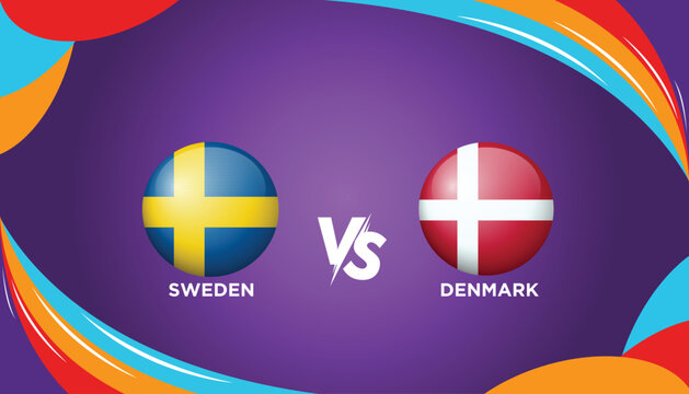 Sweden vs Denmark broadcast template for sports UEFA Women's Euro 2025. Football or soccer tournament vector illustration graphics. 3D stock illustration.
