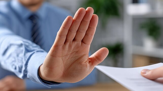 Businessman's hand refusing a document in an office