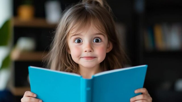 Young child with wide eyes expressing surprise while reading an open book indoors amazed preschooler captivated by story in bright blue book