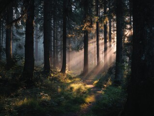 Fototapeta premium A Mystical Sunrise In The Forest With Ethereal Light