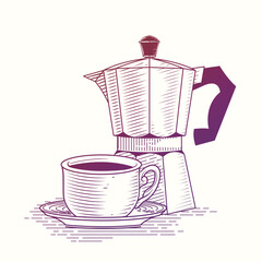 Vintage Engraving of Mocha Pot and Coffee Cup